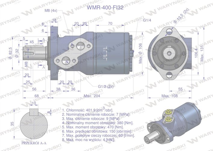 Silnik hydrauliczny orbitalny WMR 400 cm3/obr z wałkiem fi 32mm (70 bar / max.110 bar) Waryński