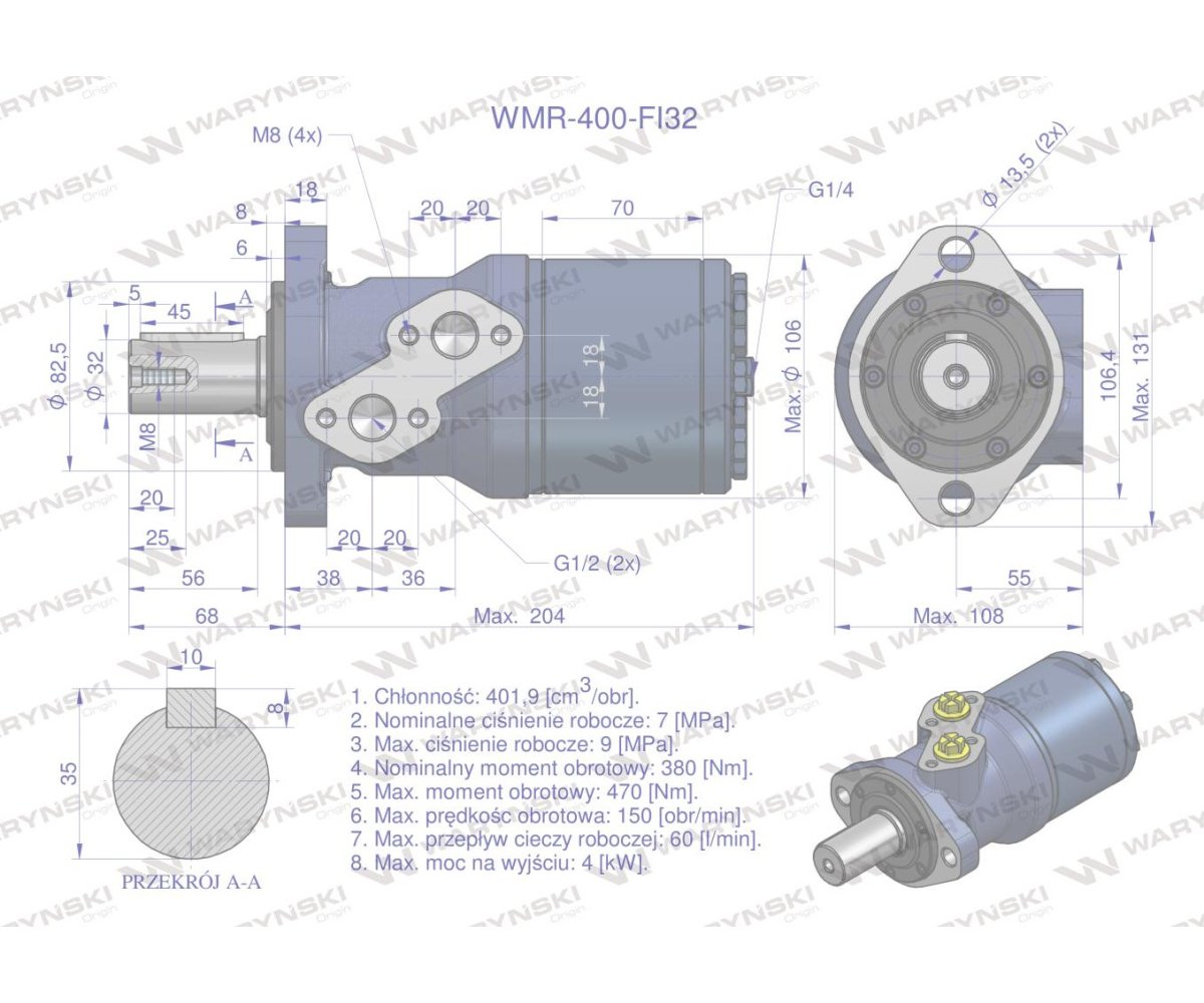 Silnik hydrauliczny orbitalny WMR 400 cm3/obr z wałkiem fi 32mm (70 bar / max.110 bar) Waryński