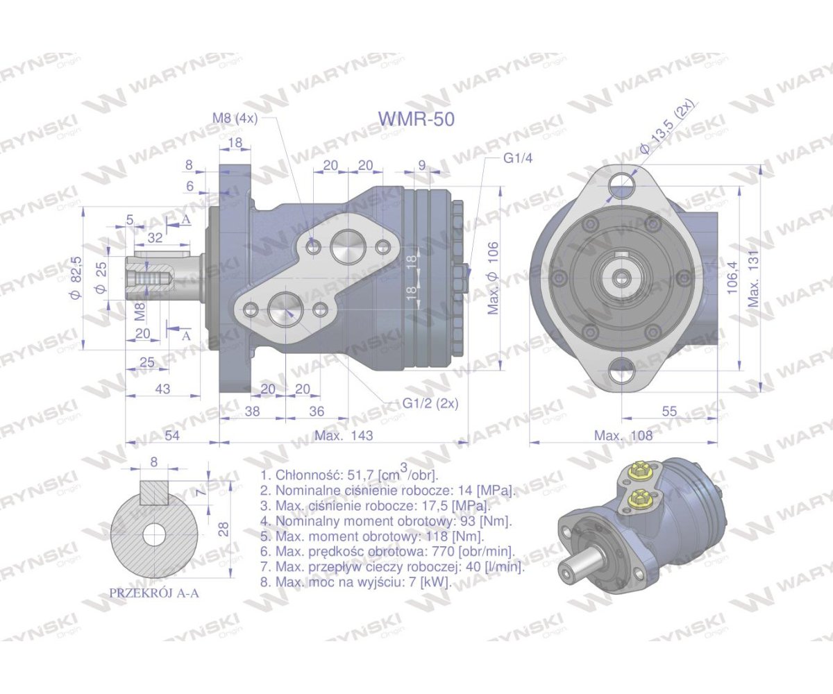 Silnik hydrauliczny orbitalny WMR 50 cm3/obr (140 bar / max.200 bar) Waryński