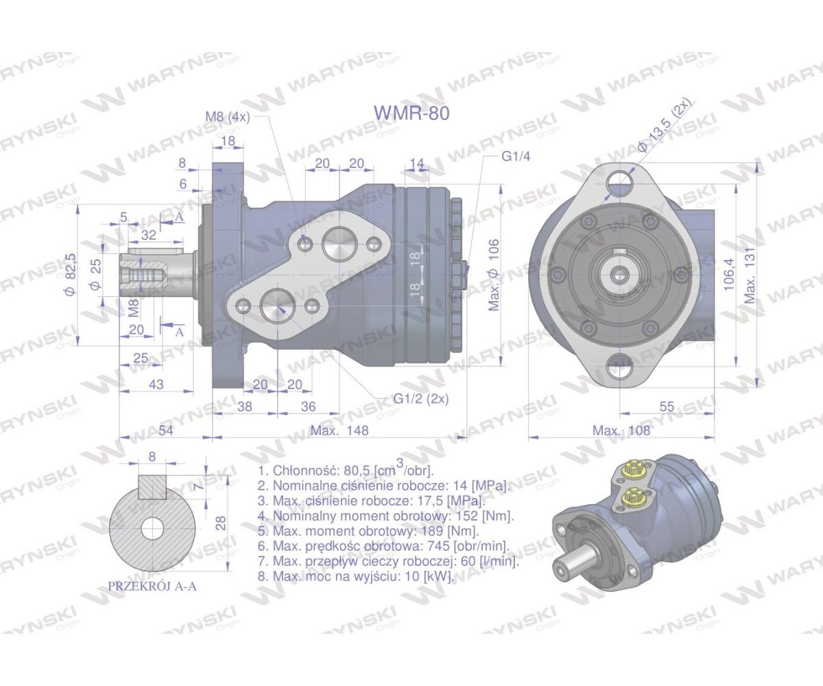Silnik hydrauliczny orbitalny WMR 80 cm3/obr (140 bar / max.200 bar) Waryński