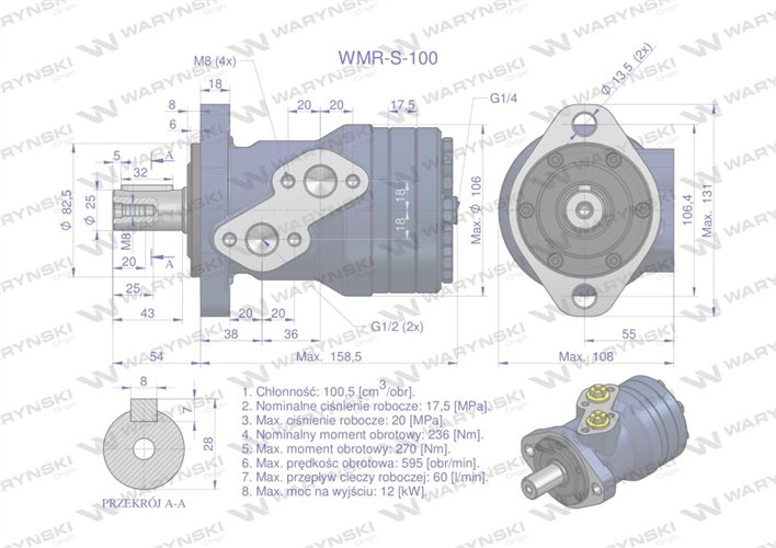 Silnik hydrauliczny orbitalny wzmacniany WMR-S 100 cm3/obr (175 bar / max.220 bar) Waryński