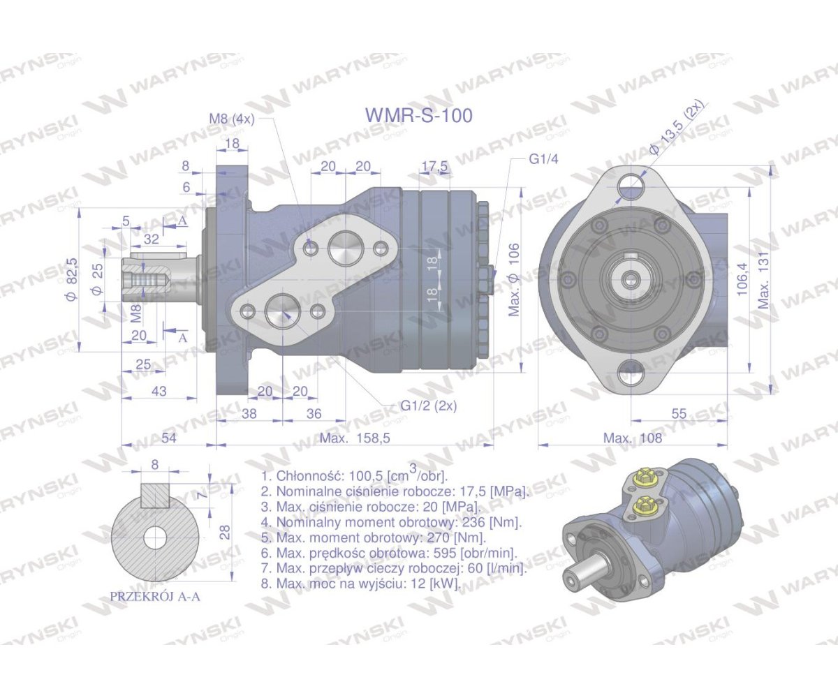 Silnik hydrauliczny orbitalny wzmacniany WMR-S 100 cm3/obr (175 bar / max.220 bar) Waryński