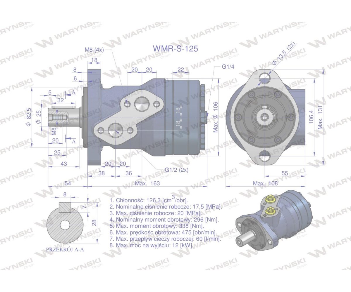 Silnik hydrauliczny orbitalny wzmacniany WMR-S 125 cm3/obr (175 bar / max.220 bar) Waryński