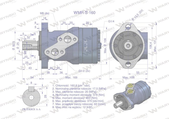 Silnik hydrauliczny orbitalny wzmacniany WMR-S 160 cm3/obr (175 bar / max.220 bar) Waryński