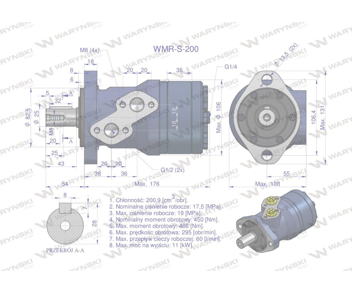 Silnik hydrauliczny orbitalny (stosowany do owijarek) wzmacniany WMR-S 200 cm3/obr (175 bar / max.200 bar) Waryński
