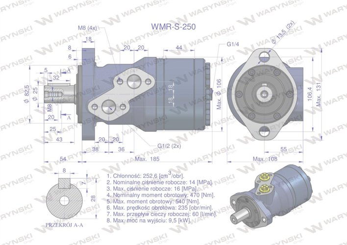 Silnik hydrauliczny orbitalny wzmacniany WMR-S 250 cm3/obr (140 bar / max.180 bar) Waryński