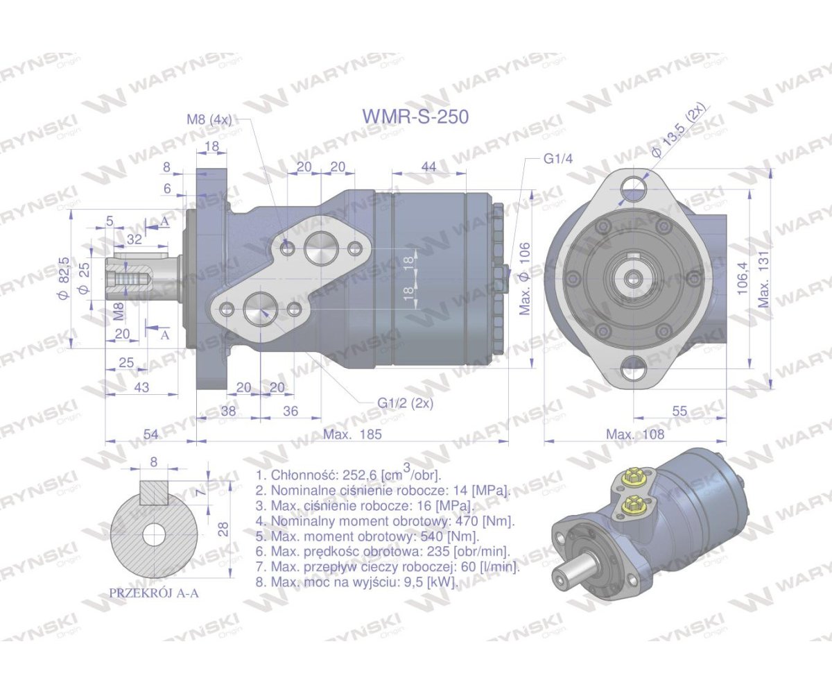 Silnik hydrauliczny orbitalny wzmacniany WMR-S 250 cm3/obr (140 bar / max.180 bar) Waryński