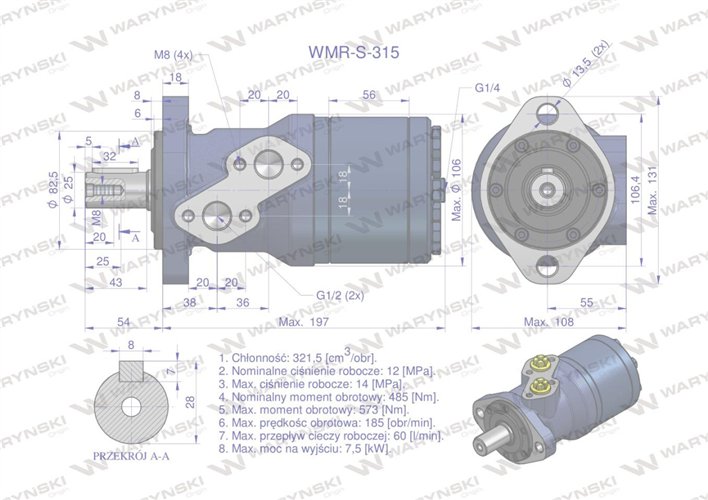Silnik hydrauliczny orbitalny wzmacniany WMR-S 315 cm3/obr (120 bar / max.150 bar) Waryński