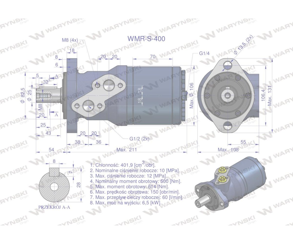 Silnik hydrauliczny orbitalny wzmacniany WMR-S 400 cm3/obr (100 bar / max.140 bar) Waryński