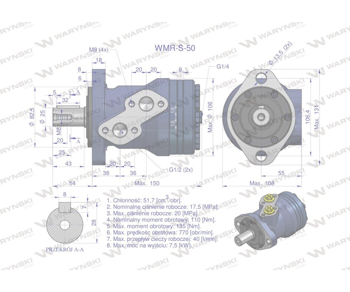 Silnik hydrauliczny orbitalny wzmacniany WMR-S 50 cm3/obr (175 bar / max.220 bar) Waryński