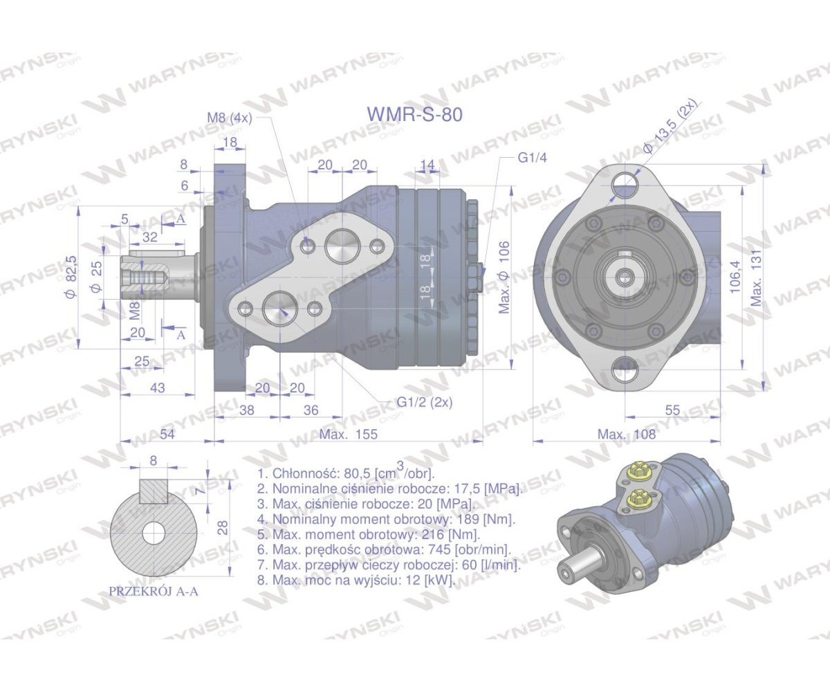 Silnik hydrauliczny orbitalny wzmacniany WMR-S 80 cm3/obr (175 bar / max.220 bar) Waryński