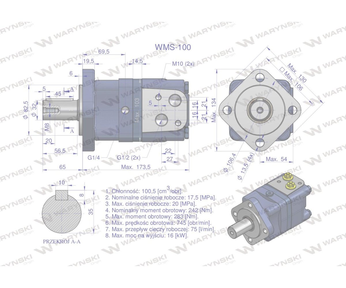 Silnik hydrauliczny orbitalny WMS 100 cm3/obr (175 bar / max.225 bar) Waryński