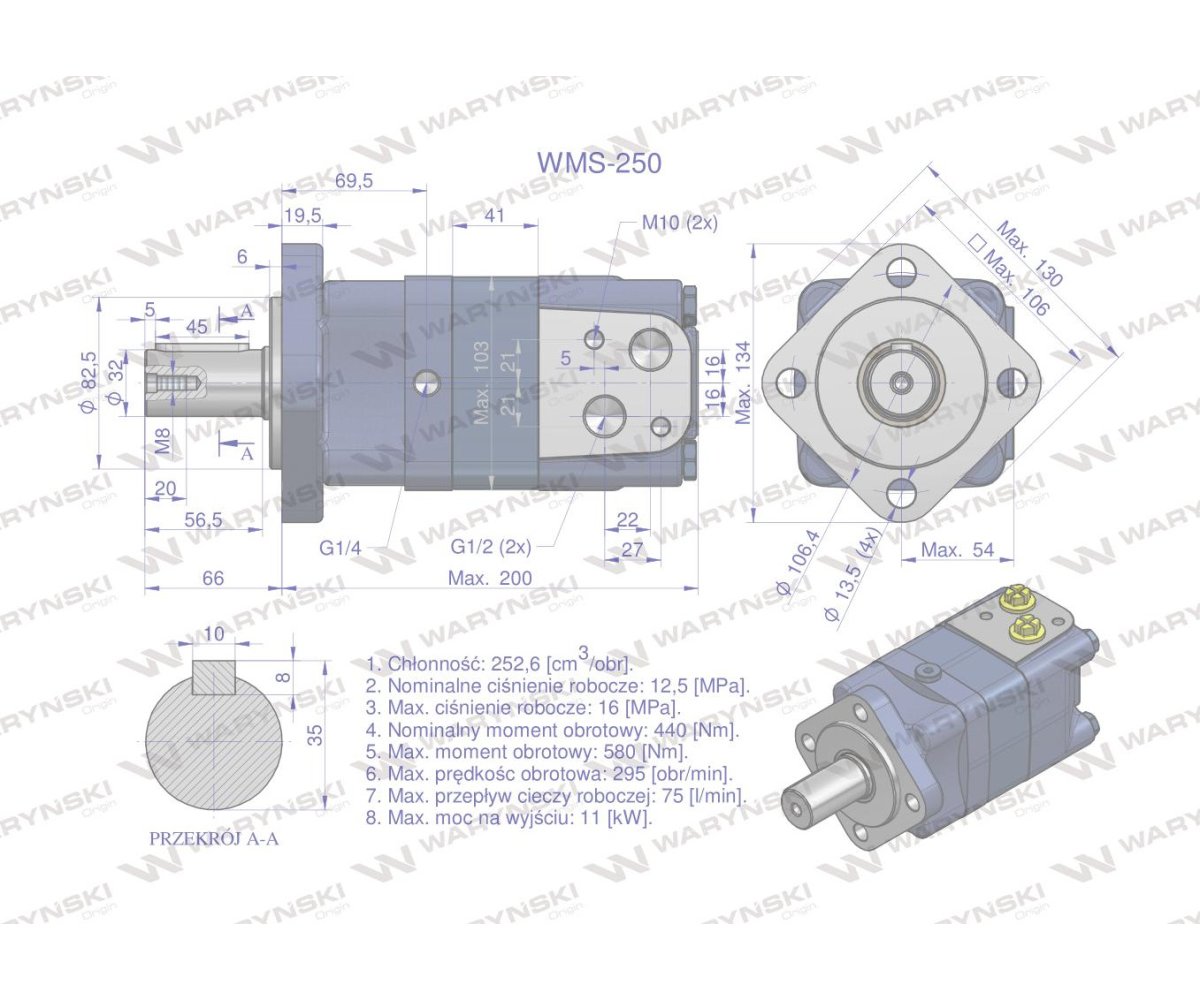 Silnik hydrauliczny orbitalny WMS 250 cm3/obr (125 bar / max.200 bar) Waryński