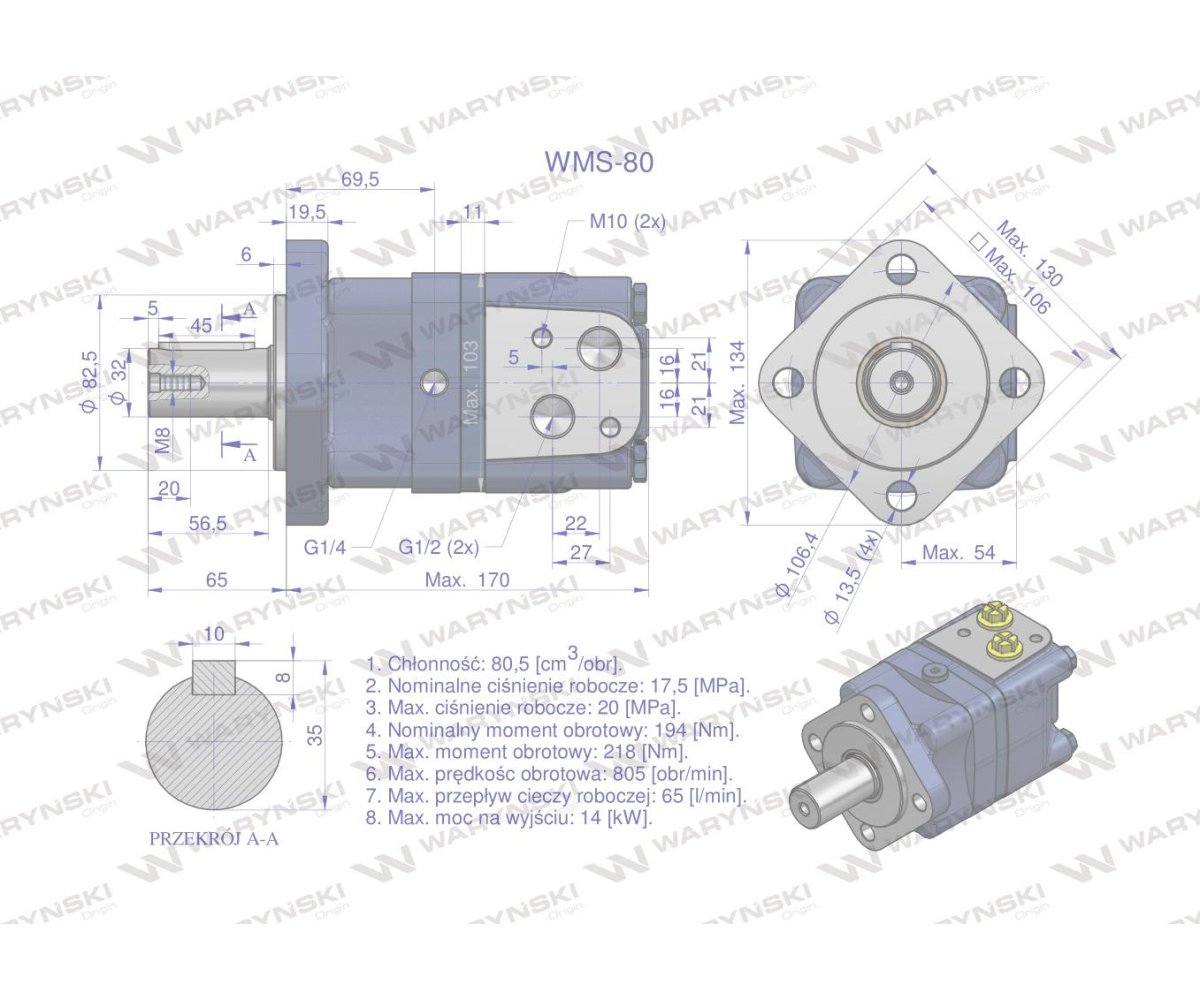Silnik hydrauliczny orbitalny WMS 80 cm3/obr (175 bar / max.225 bar) Waryński