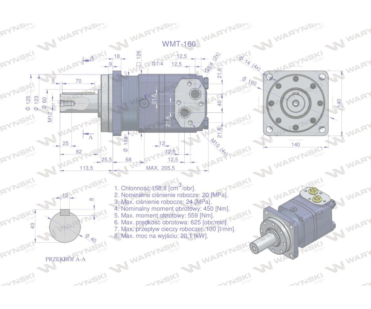 Silnik hydrauliczny orbitalny WMT 160 cm3/obr (200 bar / max.280 bar) Waryński