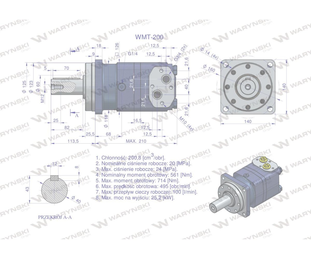 Silnik hydrauliczny orbitalny WMT 200 cm3/obr (200 bar / max.280 bar) Waryński