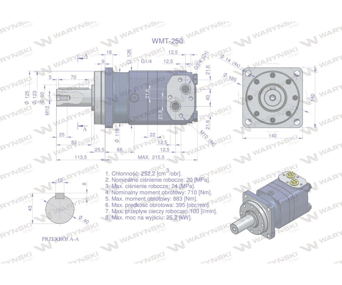 Silnik hydrauliczny orbitalny WMT 250 cm3/obr (200 bar / max.280 bar) Waryński
