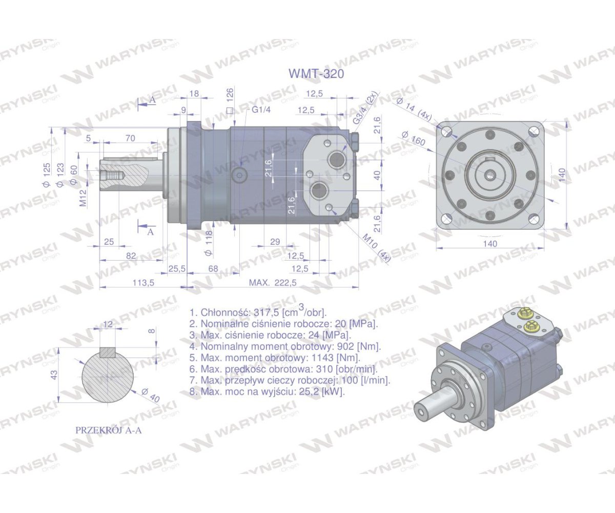 Silnik hydrauliczny orbitalny WMT 320 cm3/obr (200 bar / max.280 bar) Waryński