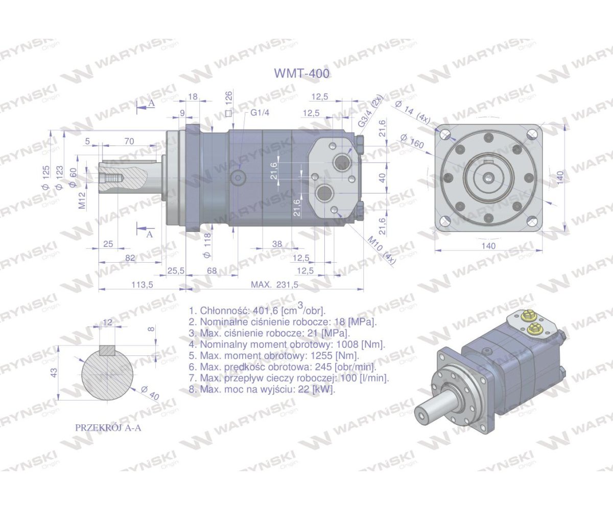Silnik hydrauliczny orbitalny WMT 400 cm3/obr (180 bar / max.240 bar) Waryński