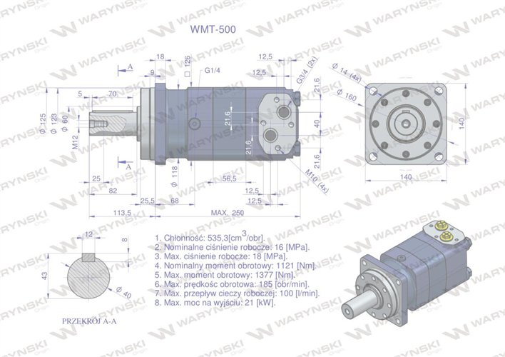 Silnik hydrauliczny orbitalny WMT 500 cm3/obr (160 bar / max.210 bar) Waryński
