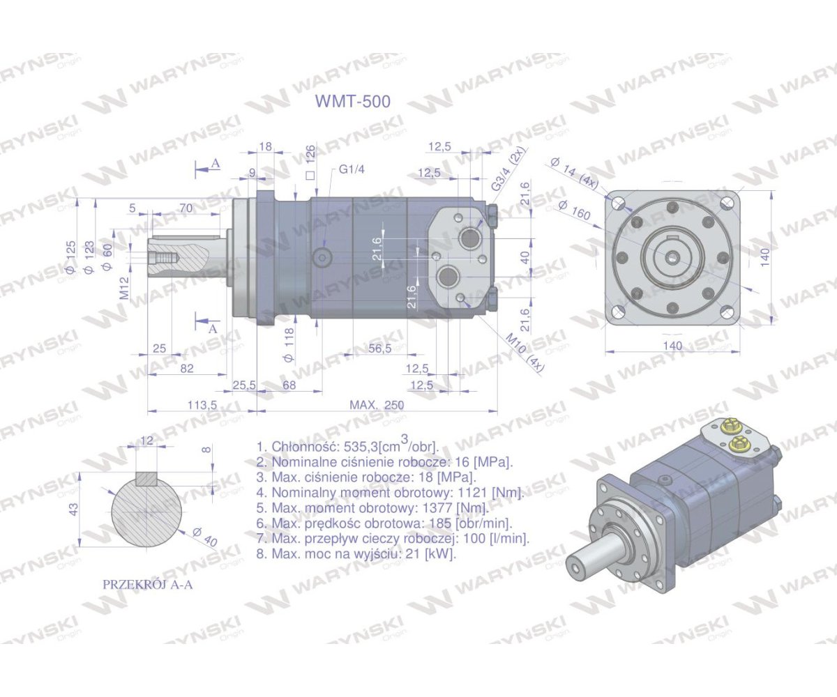 Silnik hydrauliczny orbitalny WMT 500 cm3/obr (160 bar / max.210 bar) Waryński