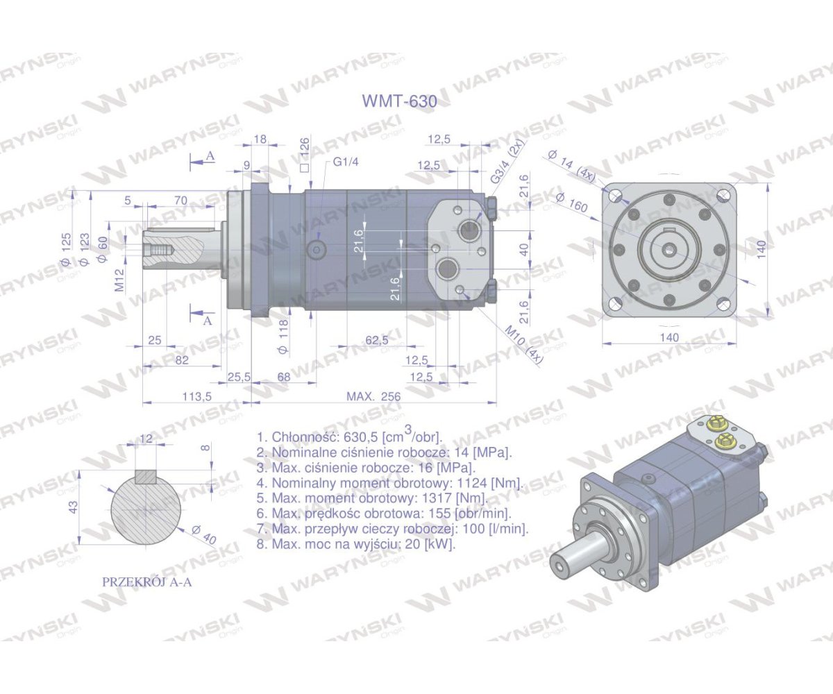 Silnik hydrauliczny orbitalny WMT 630 cm3/obr (140 bar / max.190 bar) Waryński