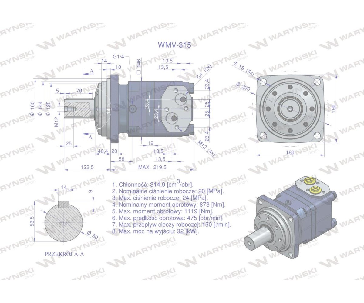Silnik hydrauliczny orbitalny WMV 315 cm3/obr (200 bar / max.280 bar) Waryński
