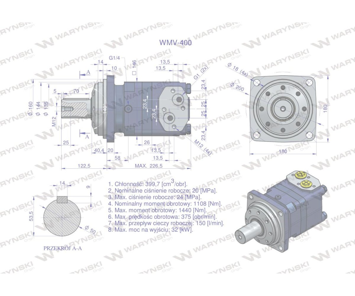 Silnik hydrauliczny orbitalny WMV 400 cm3/obr (200 bar / max.280 bar) Waryński