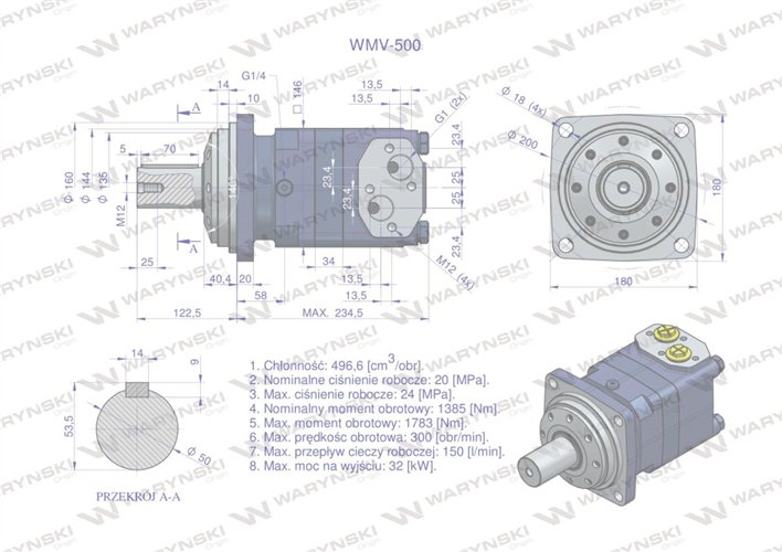 Silnik hydrauliczny orbitalny WMV 500 cm3/obr (200 bar / max.280 bar) Waryński