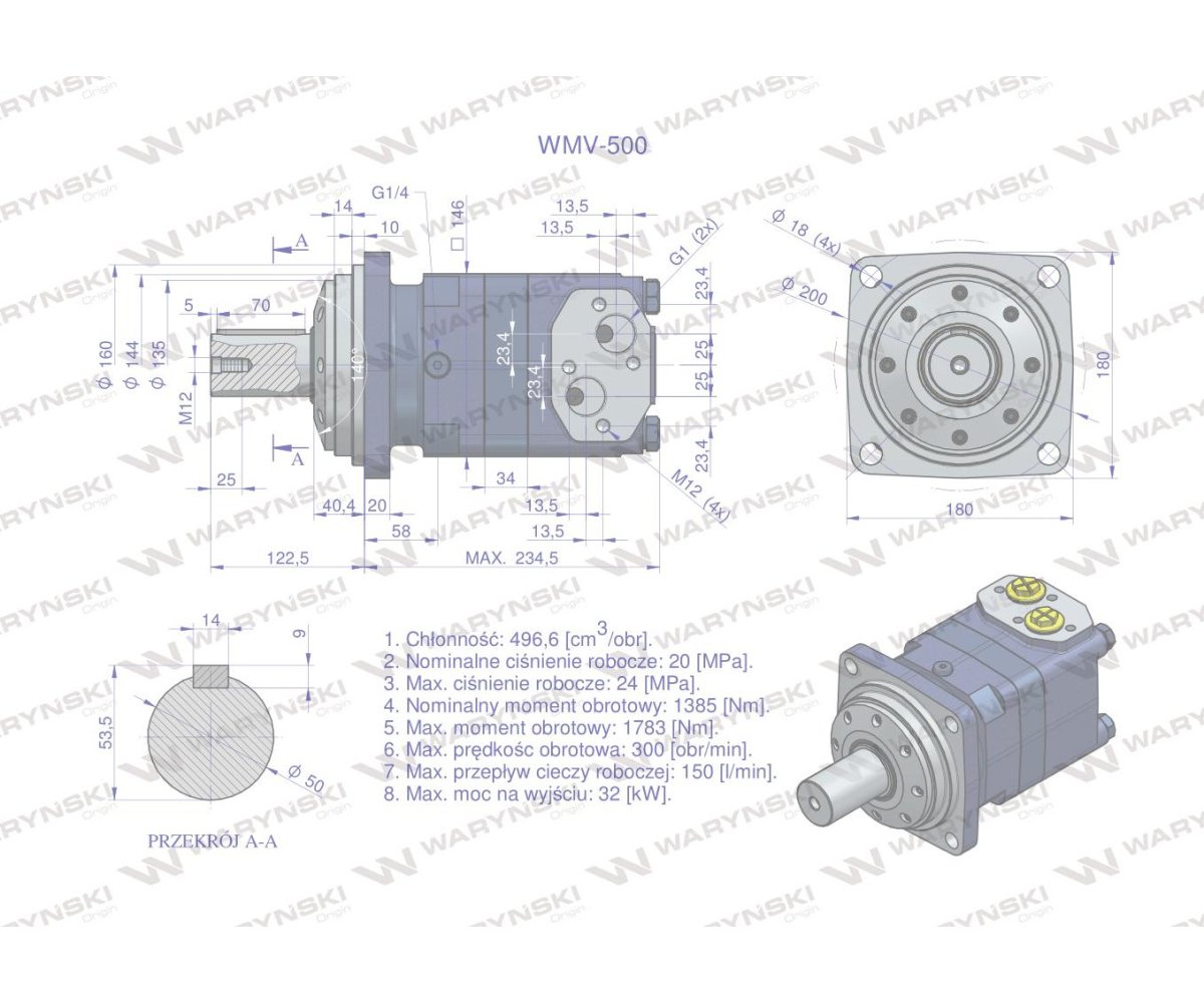 Silnik hydrauliczny orbitalny WMV 500 cm3/obr (200 bar / max.280 bar) Waryński