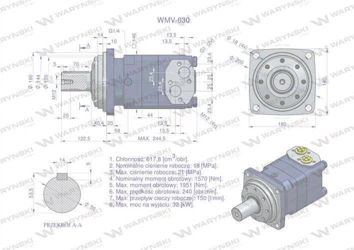 Silnik hydrauliczny orbitalny WMV 630 cm3/obr (180 bar / max.240 bar) Waryński