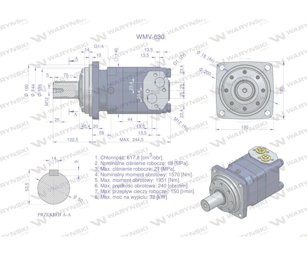 Silnik hydrauliczny orbitalny WMV 630 cm3/obr (180 bar / max.240 bar) Waryński