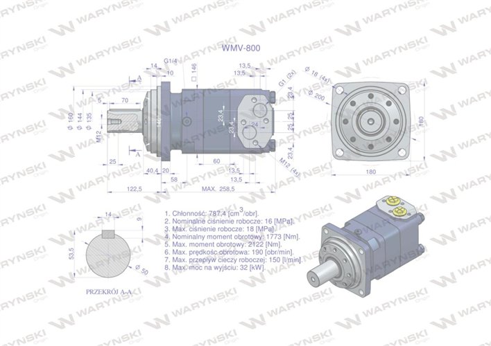Silnik hydrauliczny orbitalny WMV 800 cm3/obr (160 bar / max.210 bar) Waryński