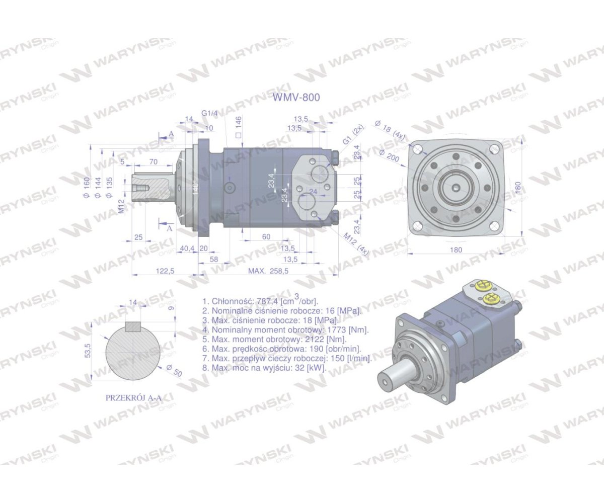 Silnik hydrauliczny orbitalny WMV 800 cm3/obr (160 bar / max.210 bar) Waryński