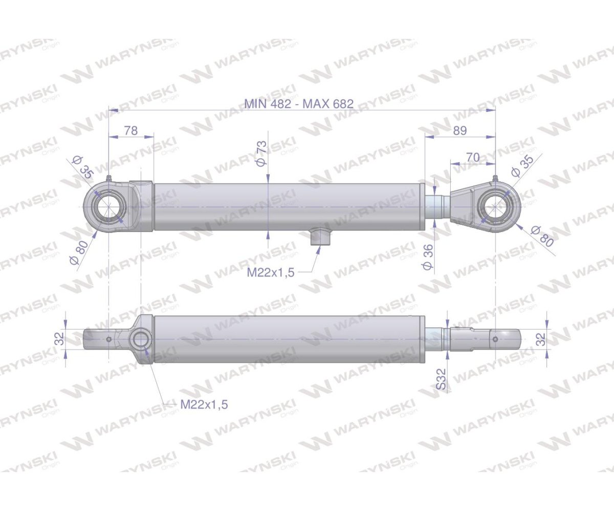 Cylinder hydrauliczny - siłownik dwustronny CJ2F-63/36/200 (90 stopni) Waryński