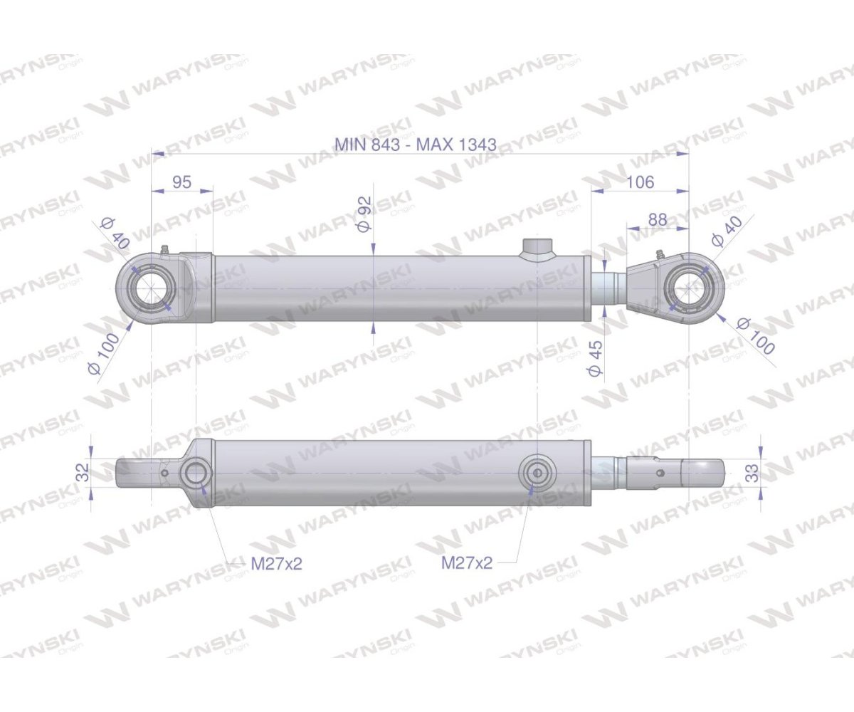 Cylinder hydrauliczny - siłownik dwustronny CJ2F80/45/500 Waryński