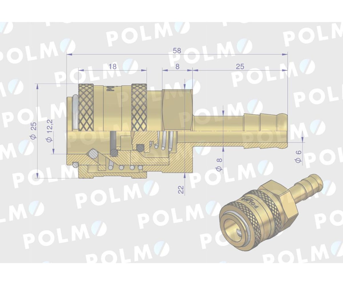 Szybkozłącze pneumatyczne P26 NW7.2 gniazdo pod wąż DN08mm POLMO ( sprzedawane po 5 )