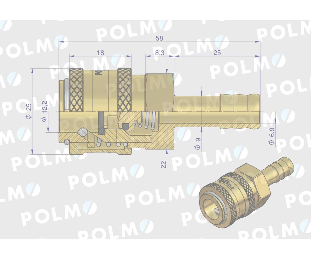 Szybkozłącze pneumatyczne P26 NW7.2 gniazdo pod wąż DN09mm POLMO ( sprzedawane po 5 )