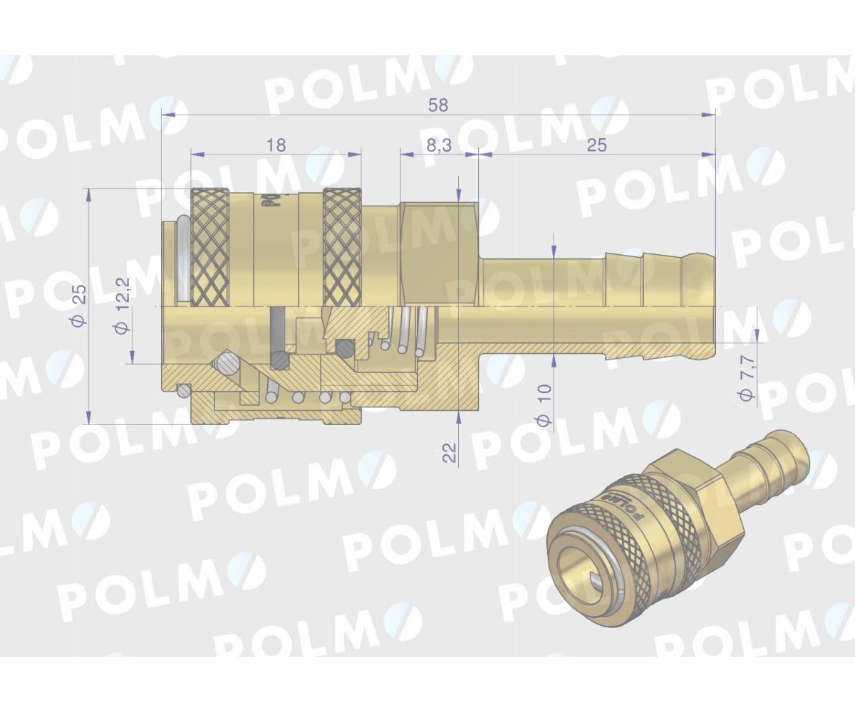Szybkozłącze pneumatyczne P26 NW7.2 gniazdo pod wąż DN10mm POLMO ( sprzedawane po 5 )