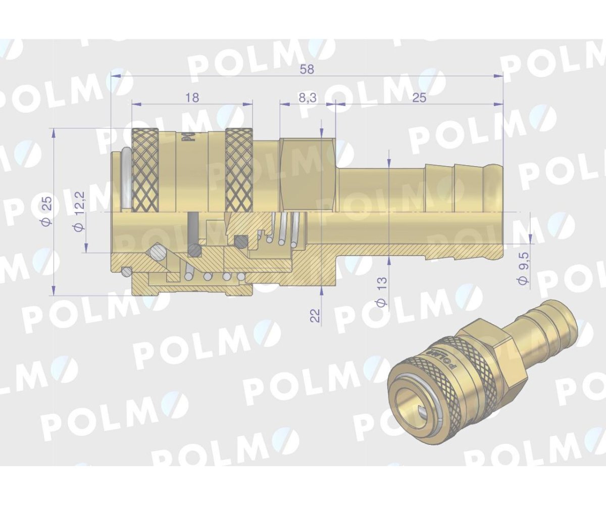Szybkozłącze pneumatyczne P26 NW7.2 gniazdo pod wąż DN13mm POLMO ( sprzedawane po 5 )