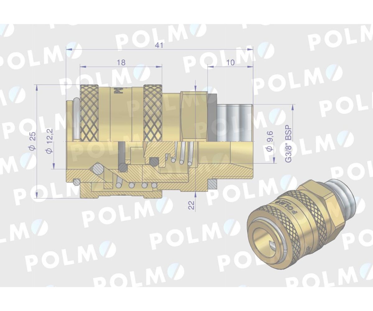 Szybkozłącze pneumatyczne P26 NW7.2 gniazdo 3/8"BSP gwint zewnętrzny POLMO ( sprzedawane po 5 )