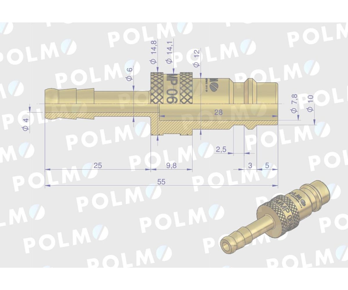 Szybkozłącze pneumatyczne P26 NW7.2 wtyczka pod wąż DN06mm POLMO ( sprzedawane po 5 )