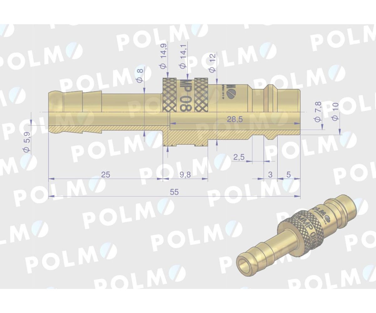 Szybkozłącze pneumatyczne P26 NW7.2 wtyczka pod wąż DN08mm POLMO ( sprzedawane po 5 )