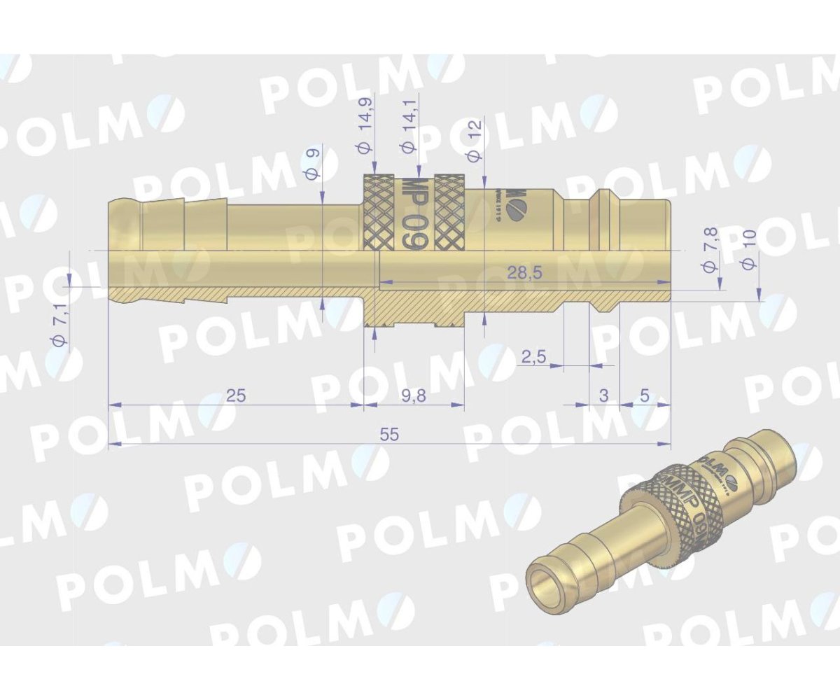 Szybkozłącze pneumatyczne P26 NW7.2 wtyczka pod wąż DN09mm POLMO ( sprzedawane po 5 )