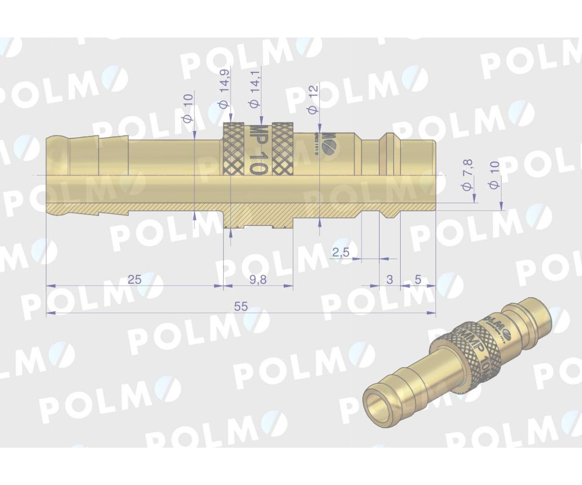Szybkozłącze pneumatyczne P26 NW7.2 wtyczka pod wąż DN10mm POLMO ( sprzedawane po 5 )