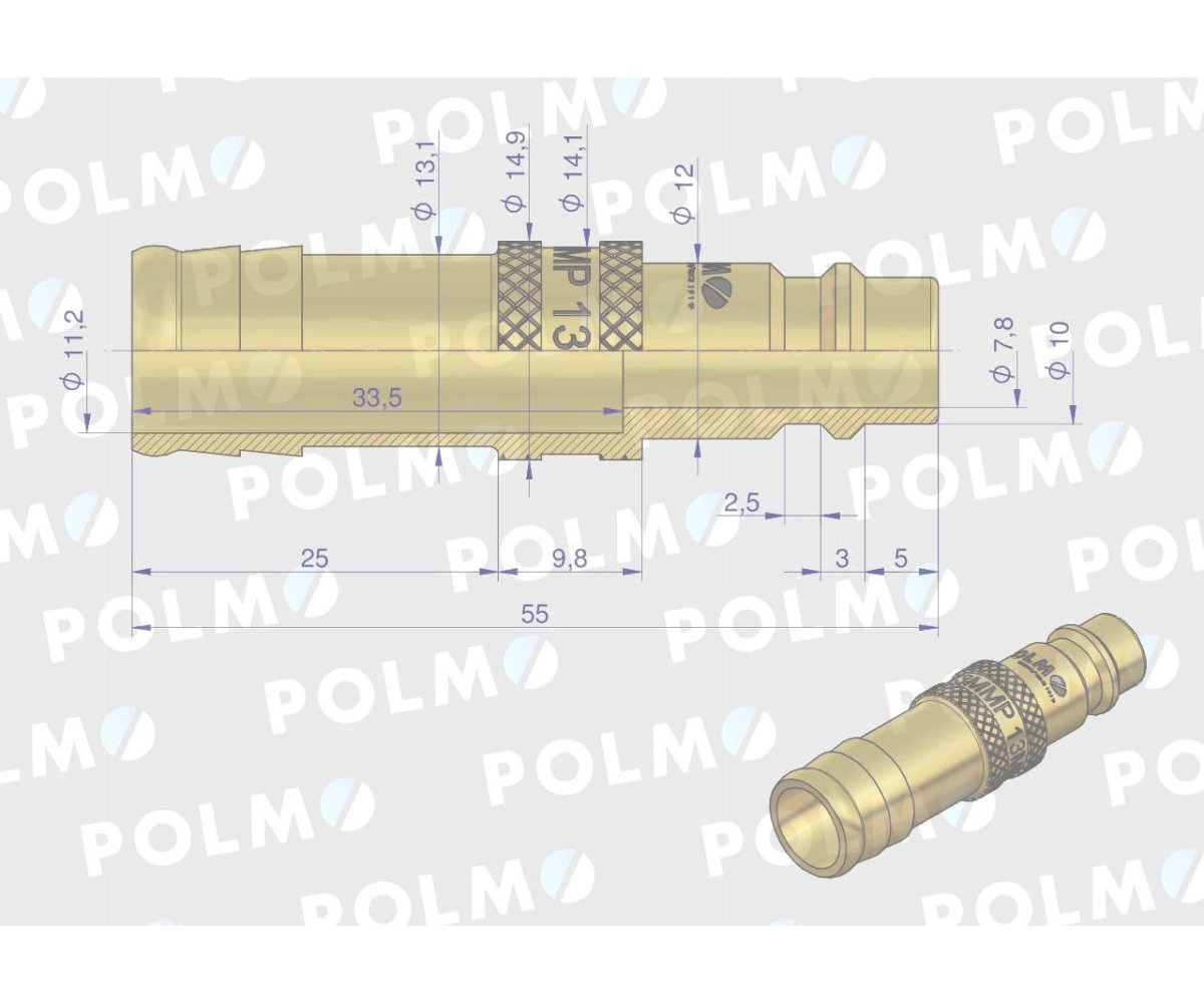 Szybkozłącze pneumatyczne P26 NW7.2 wtyczka pod wąż DN13mm POLMO ( sprzedawane po 5 )