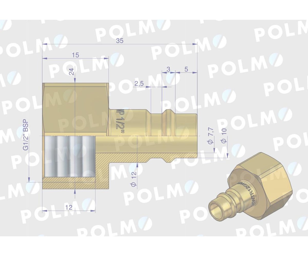 Szybkozłącze pneumatyczne P26 NW7.2 wtyczka 1/2"BSP gwint wewnętrzny POLMO ( sprzedawane po 5 )