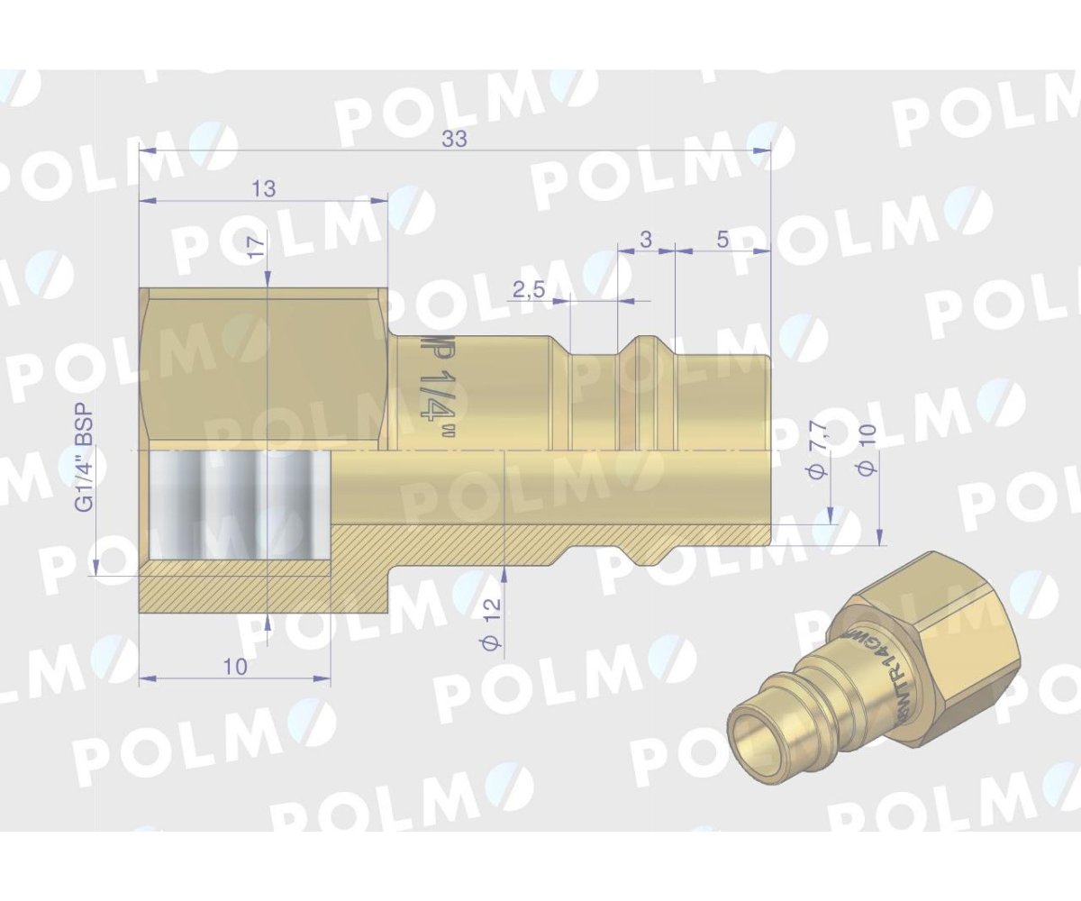 Szybkozłącze pneumatyczne P26 NW7.2 wtyczka 1/4"BSP gwint wewnętrzny POLMO ( sprzedawane po 5 )