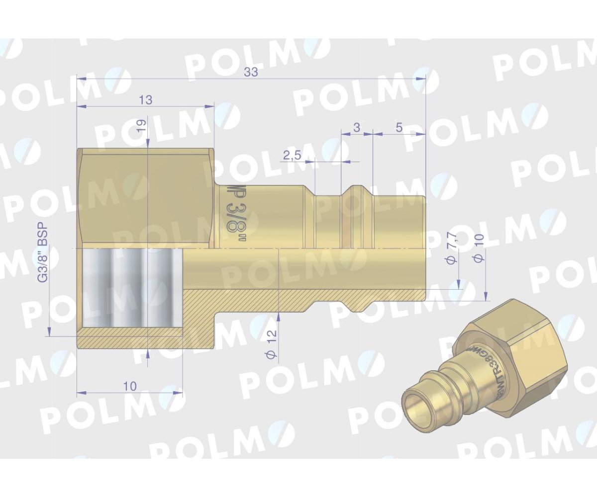 Szybkozłącze pneumatyczne P26 NW7.2 wtyczka 3/8"BSP gwint wewnętrzny POLMO ( sprzedawane po 5 )
