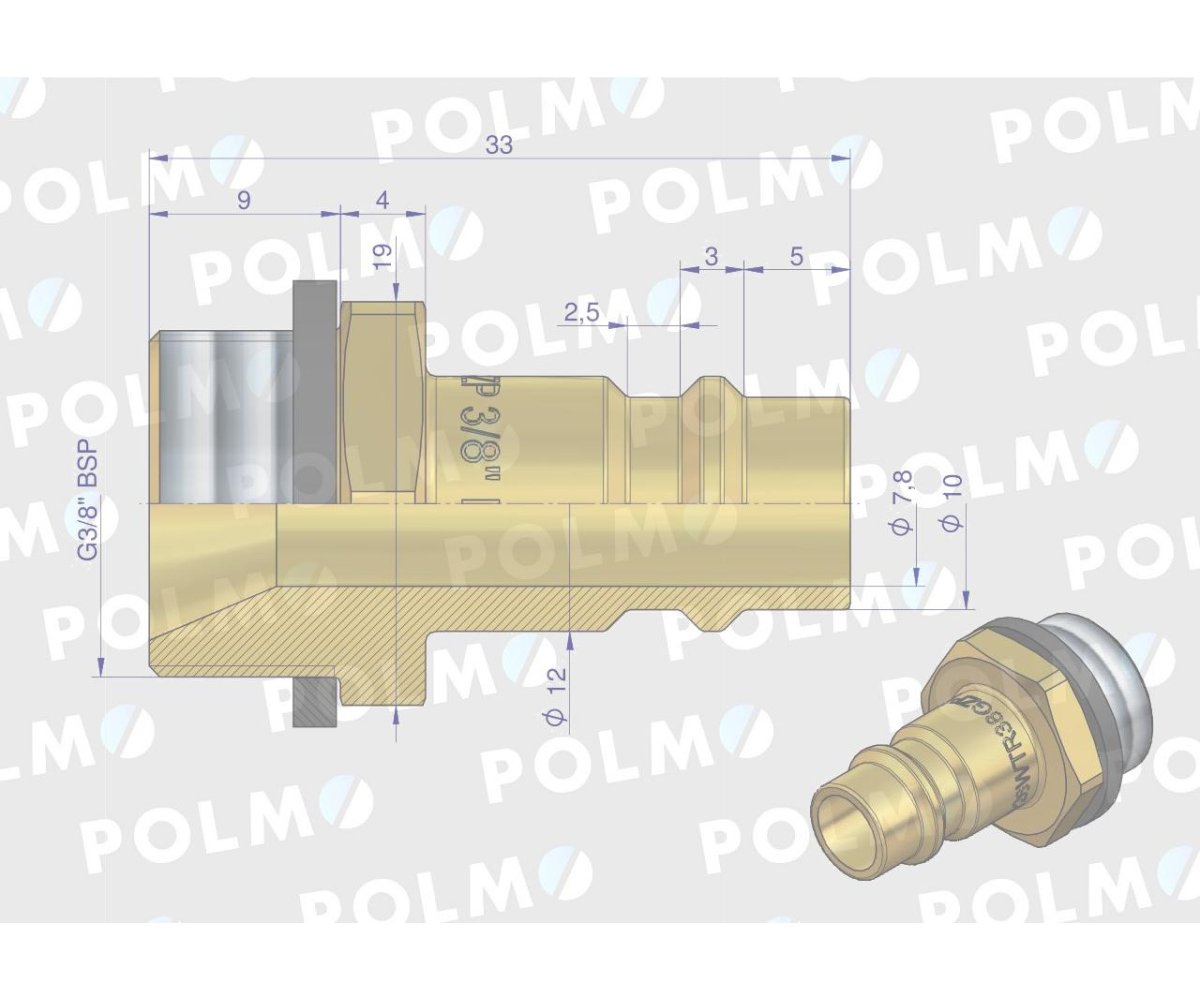 Szybkozłącze pneumatyczne P26 NW7.2 wtyczka 3/8"BSP gwint zewnętrzny POLMO ( sprzedawane po 5 )